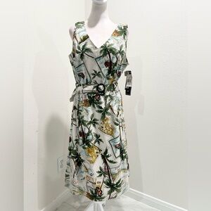 Sheri Martin Palm Print Midi Dress With Belt, Size 16, NWT